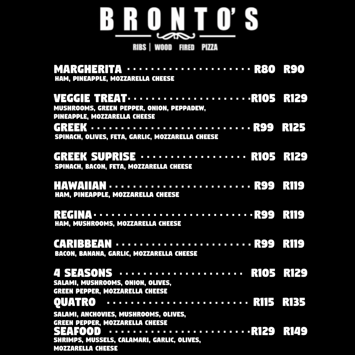 Brontos Pizza Menu Board 3 - August 2023
